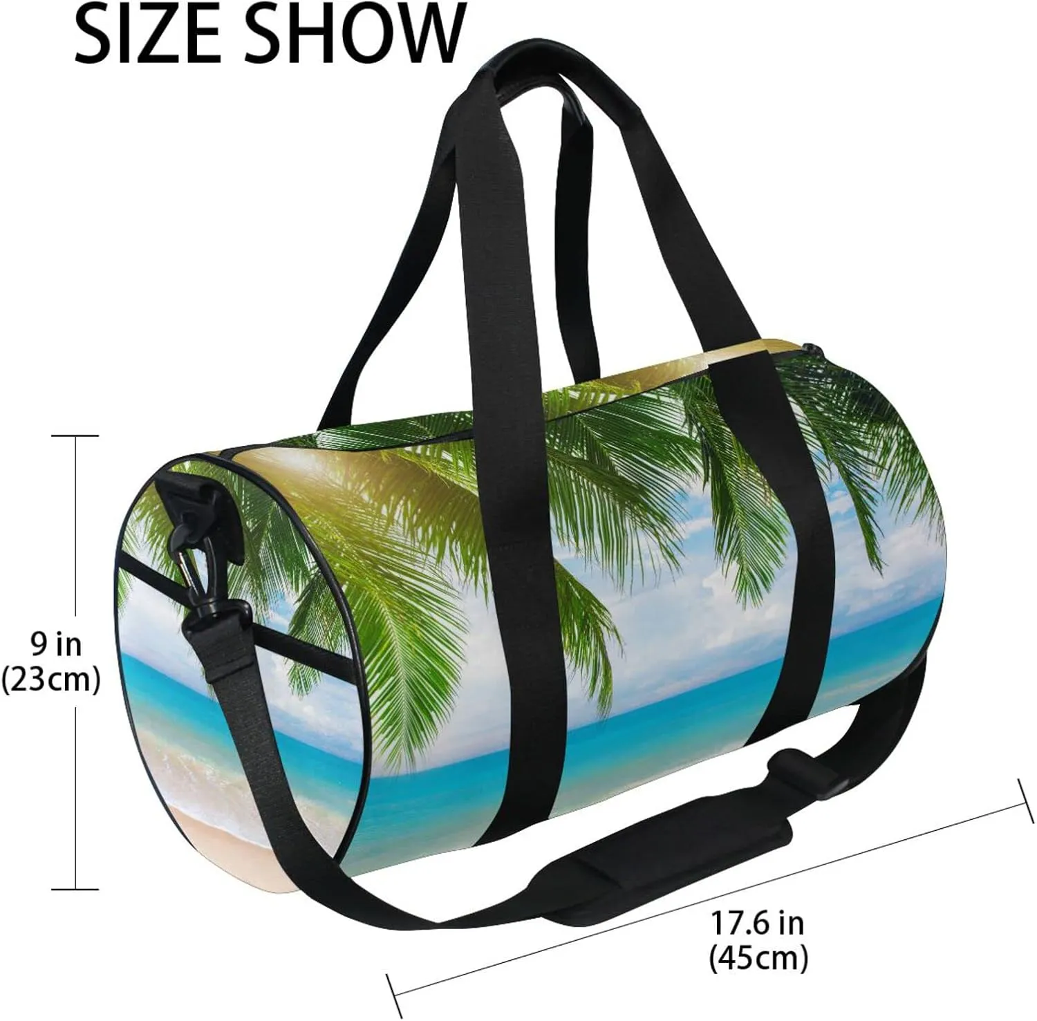 Tropical Ocean Beach with Coconut Palm Tree Leaves Blue Sea Duffel Bag, Foldable Canvas Travel Tote for Gym Sports with Inner Pockets, Durable Lightweight Fitness Bag for Overnight Workout