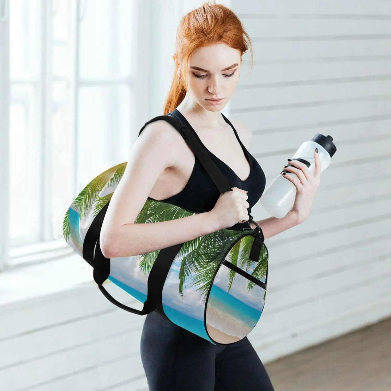 Tropical Ocean Beach with Coconut Palm Tree Leaves Blue Sea Duffel Bag, Foldable Canvas Travel Tote for Gym Sports with Inner Pockets, Durable Lightweight Fitness Bag for Overnight Workout