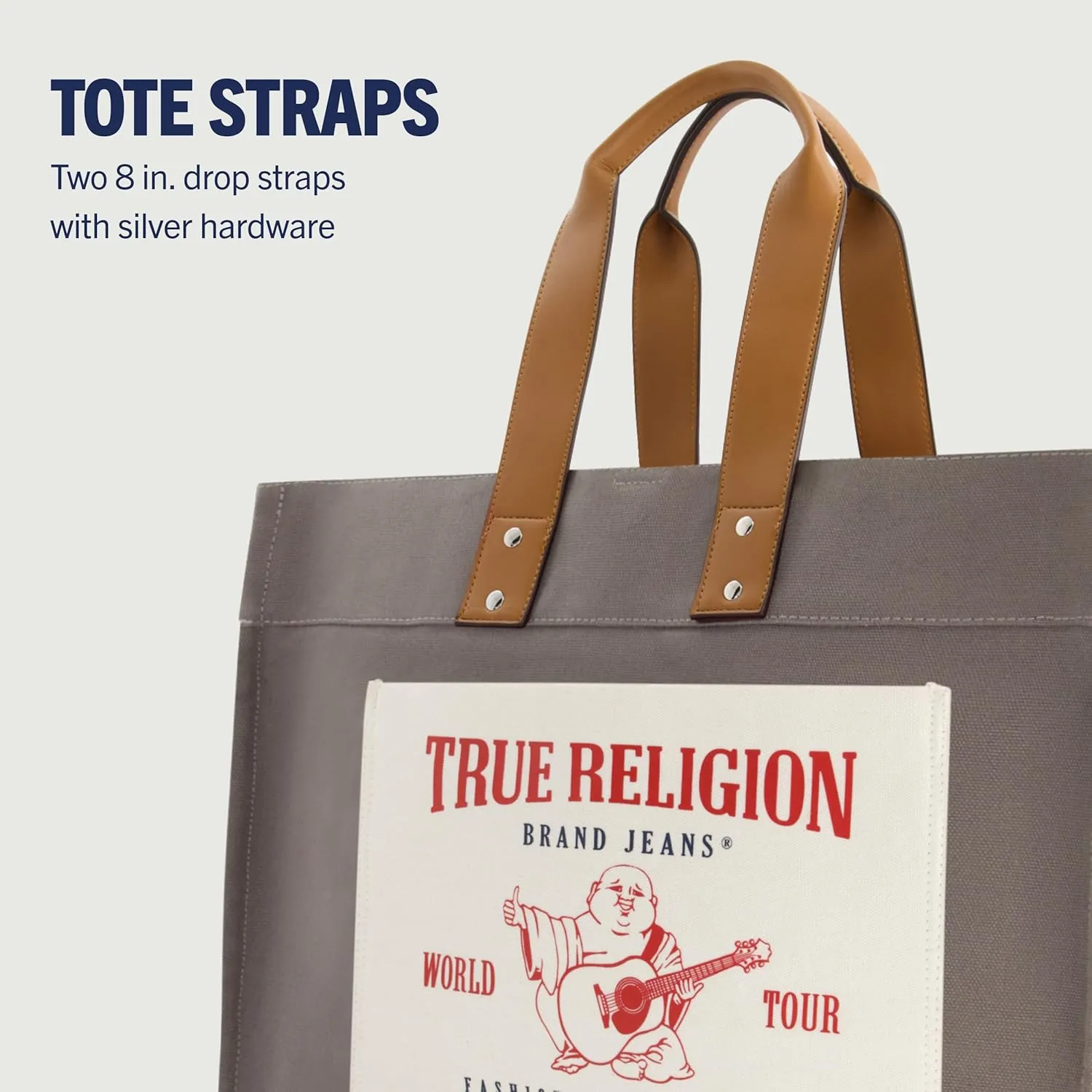 True Religion Large Tote Bag, Canvas Travel Carryall Shoulder Handbag