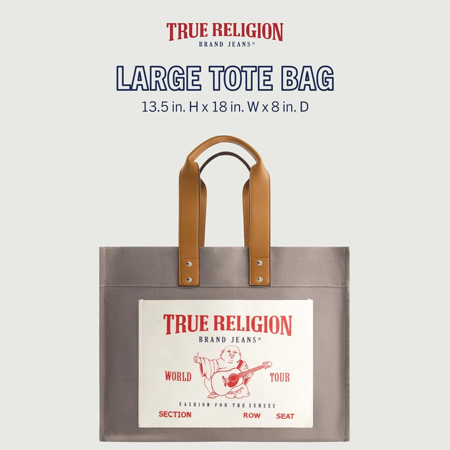 True Religion Large Tote Bag, Canvas Travel Carryall Shoulder Handbag