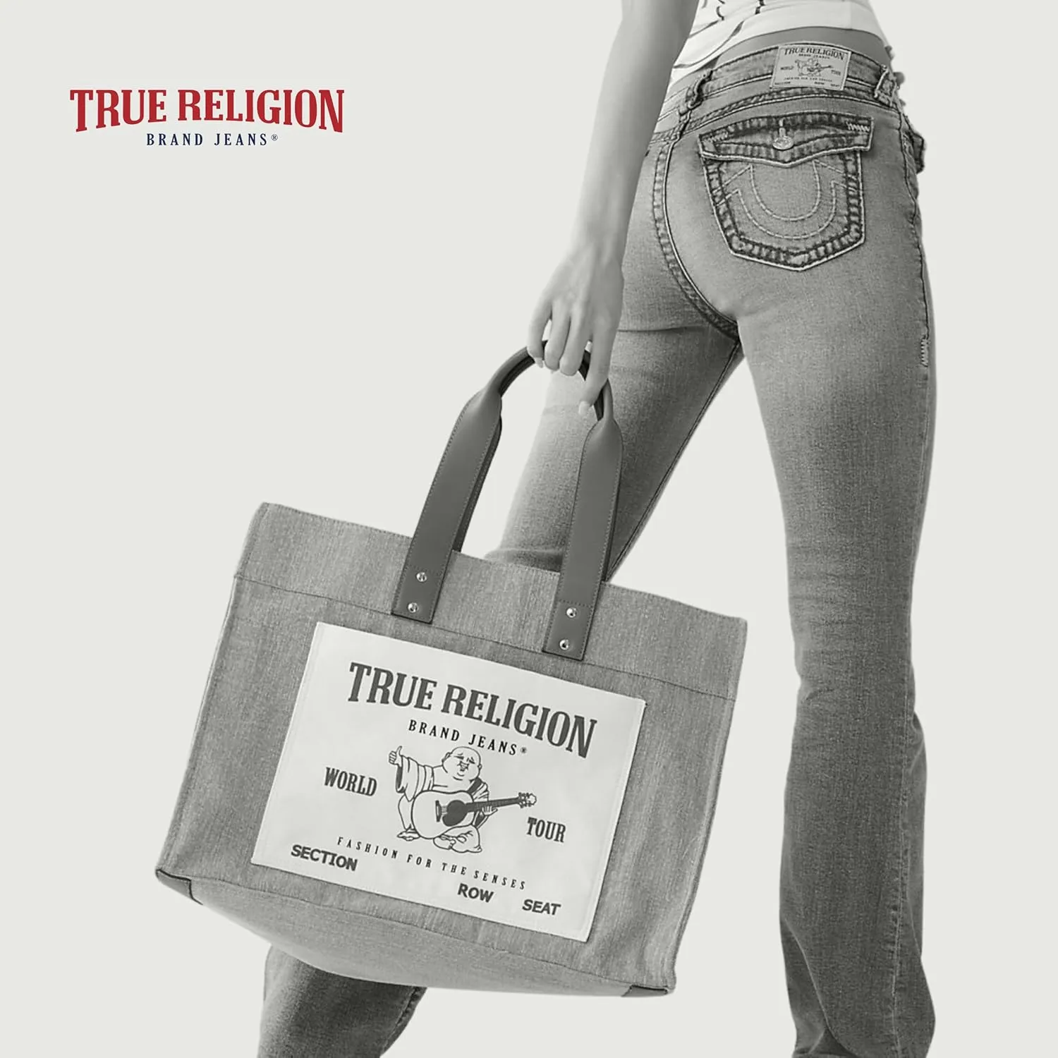 True Religion Large Tote Bag, Canvas Travel Carryall Shoulder Handbag