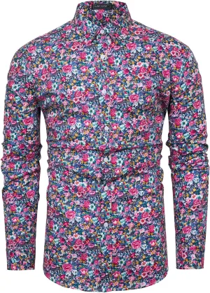 TUNEVUSE Men Floral Dress Shirts Long Sleeve Casual Button Down Flower Printed Shirts 100% Cotton