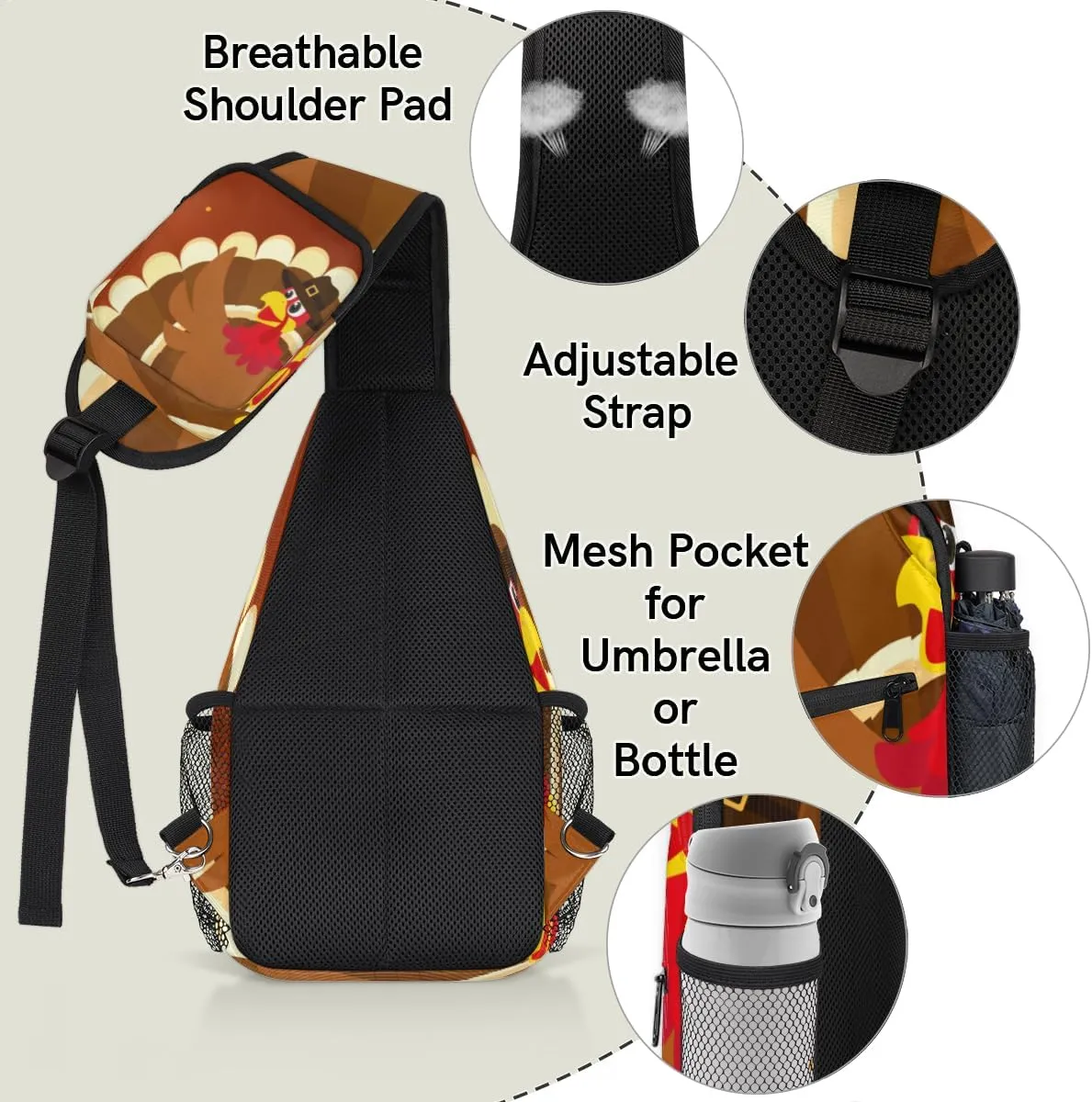 Turkey Pattern Sling Bag for Women Men Crossbody Sling Backpack Shoulder Bag Chest Bag Daypack for Travel Hiking Outdoor