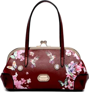 Twilight Garden Women's Designer Handbag with Floral Print, Kiss Lock & Chain Strap, Evening Bag with Crystal Embellishments