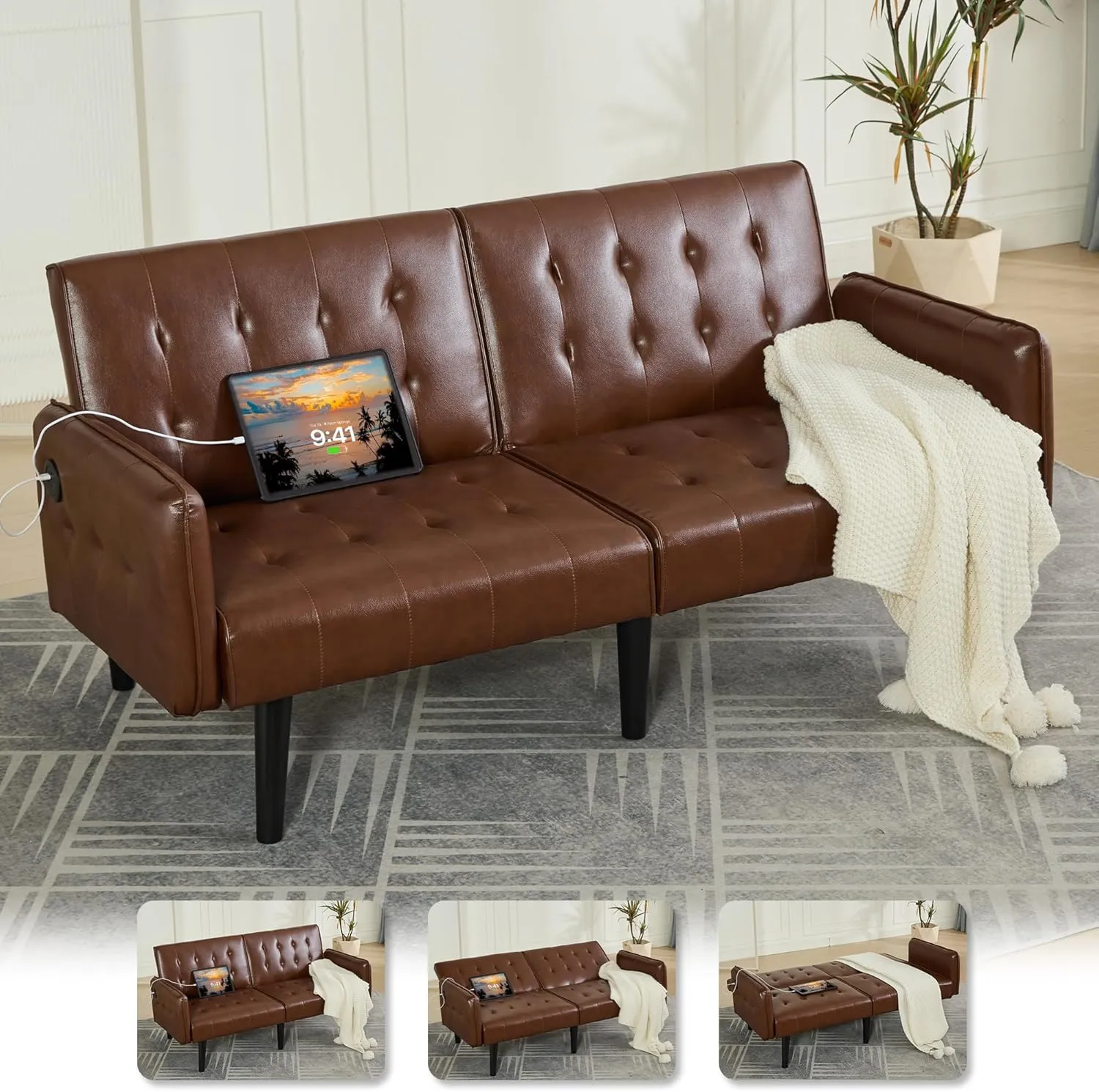 TYBOATLE 65“ Convertible Futon Sofa Bed w/ 2 USB,Tufted Small Adjustable Folding Couch Loveseat, Modern Mid Century Faux Leather Sleeper Sofa for Living Room, Bedroom,Office, Brown