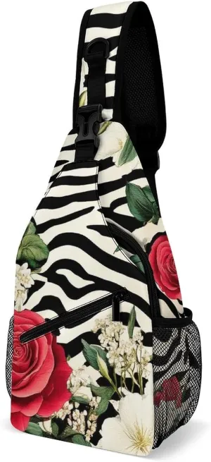 Ultra Lightweight Sling Backpack Chest Day Bag Multipurpose Anti-Theft Rucksack for Cycling Hiking Camping Travel Outdoor, Cheetah Leopard Zebra Print Floral Black And White Camera Case Messenger Bag