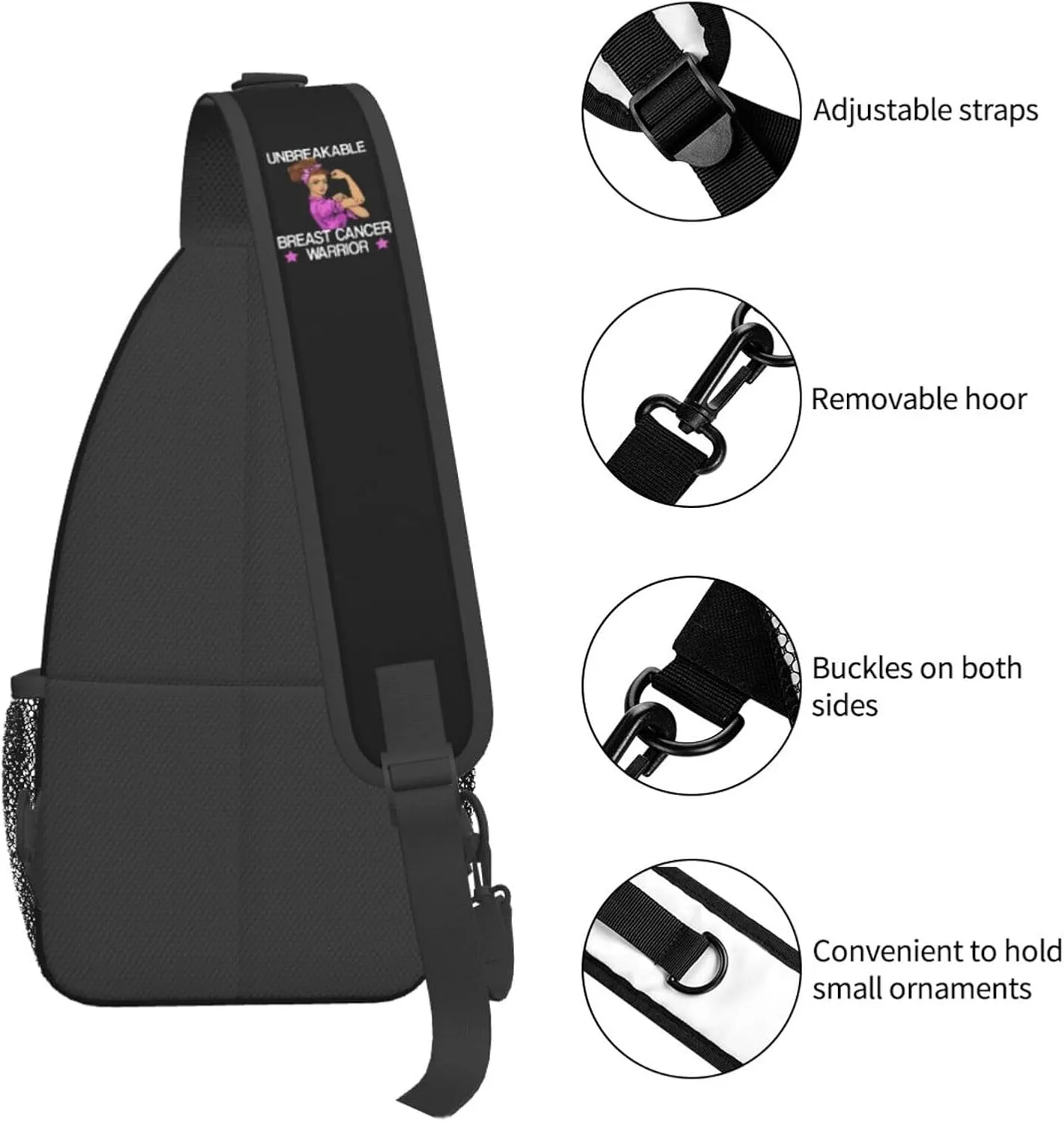 Unbreakable Breast Cancer Warrior Sling Bag Crossbody Backpack Shoulder Casual Daypack Bag for Men Women