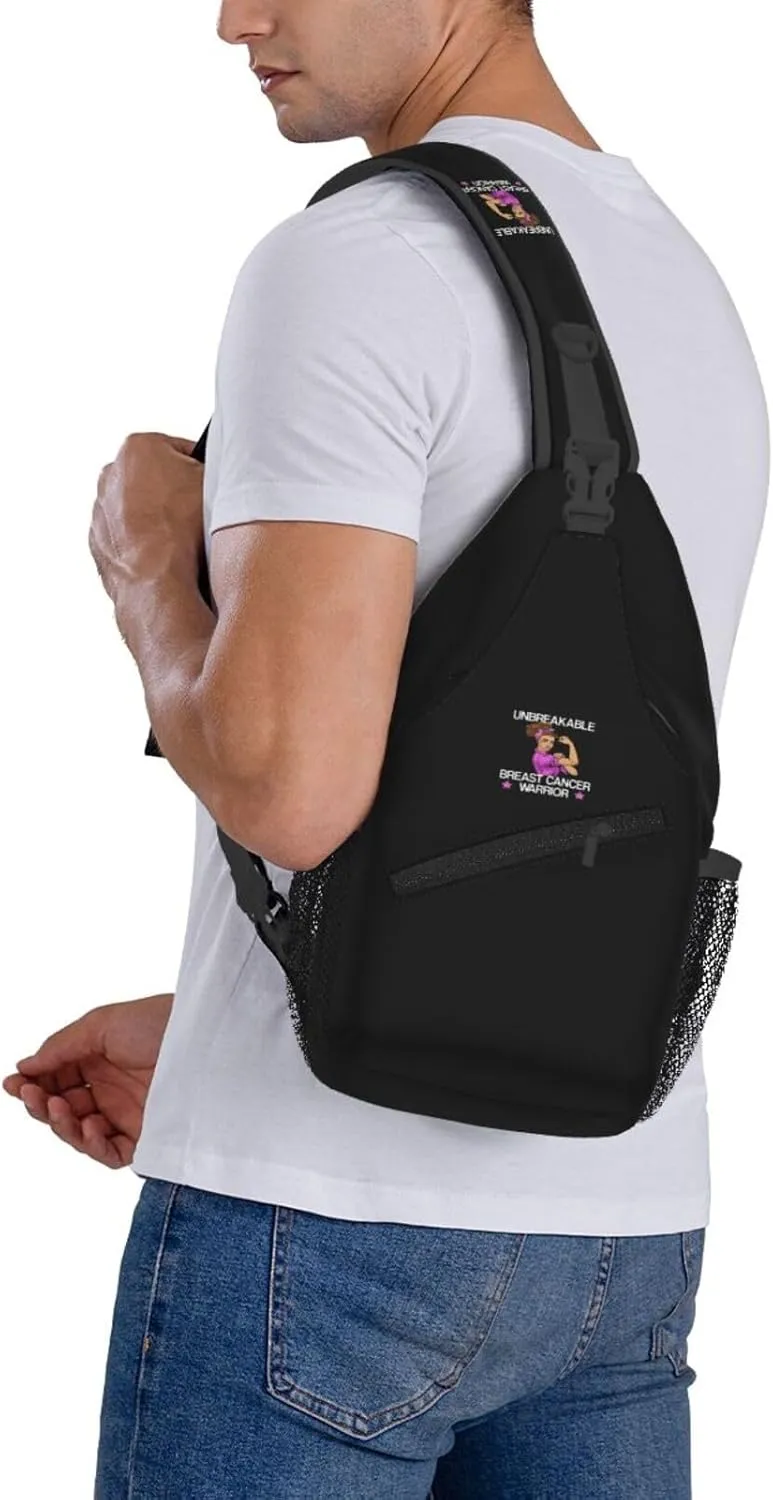 Unbreakable Breast Cancer Warrior Sling Bag Crossbody Backpack Shoulder Casual Daypack Bag for Men Women