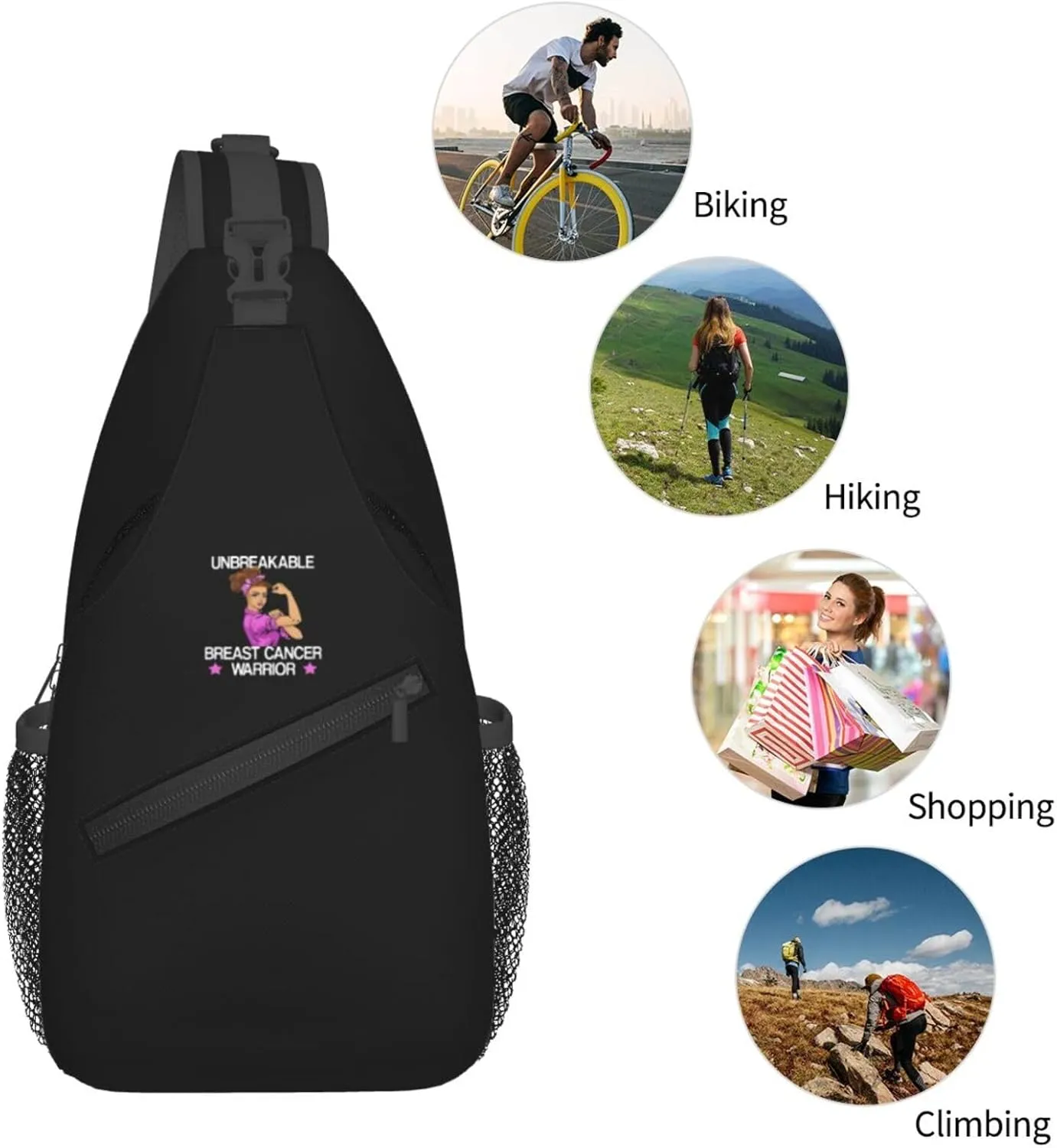 Unbreakable Breast Cancer Warrior Sling Bag Crossbody Backpack Shoulder Casual Daypack Bag for Men Women