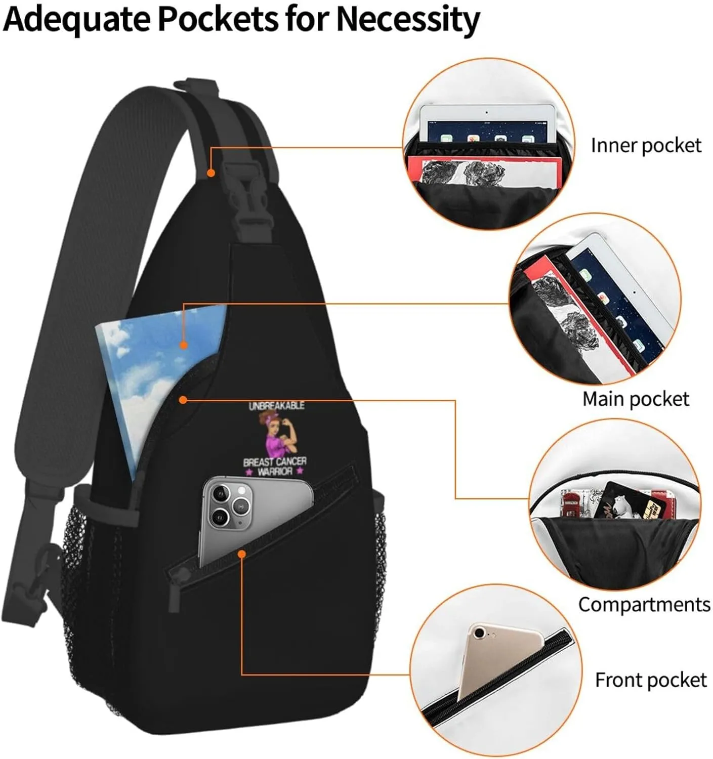 Unbreakable Breast Cancer Warrior Sling Bag Crossbody Backpack Shoulder Casual Daypack Bag for Men Women