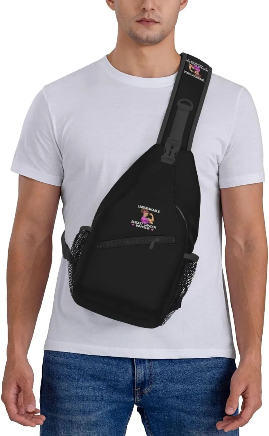 Unbreakable Breast Cancer Warrior Sling Bag Crossbody Backpack Shoulder Casual Daypack Bag for Men Women
