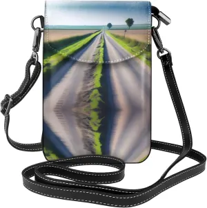 Uneven Country Road Picture Leather Crossbody Flap Phone Bag - Versatile Gift for Women Walking, Camping, Shopping, and Travel