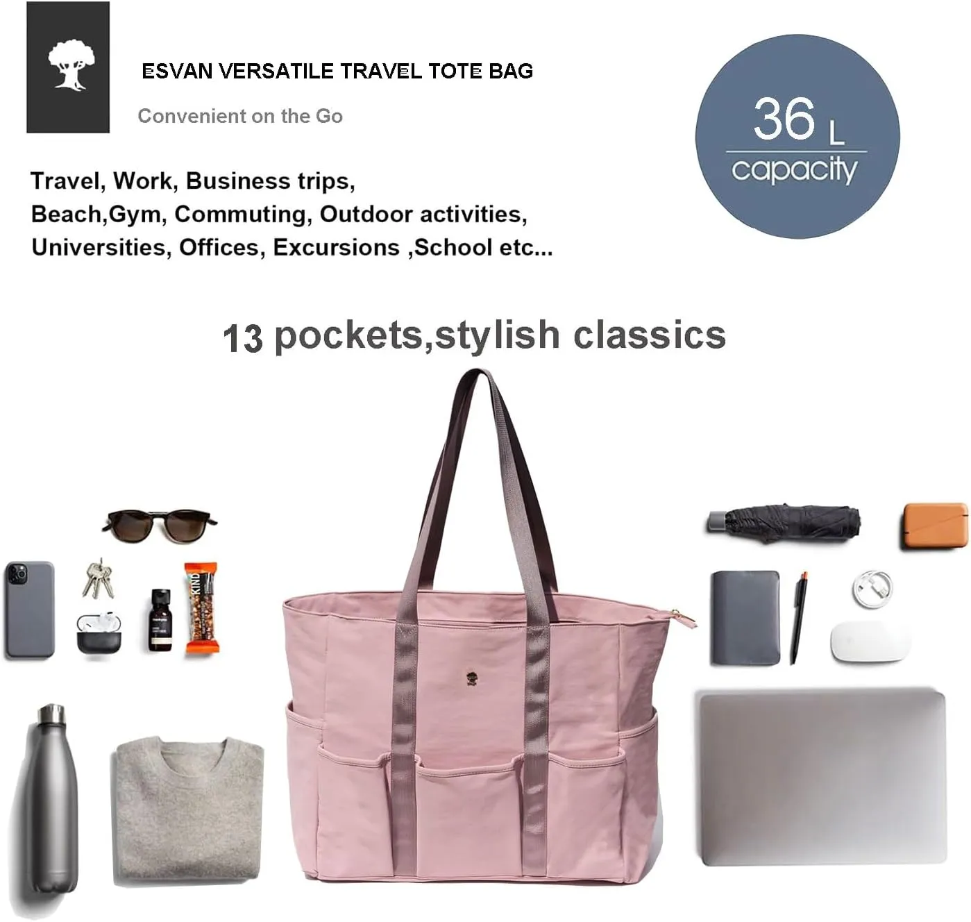 Utility Tote Bag Weekender Duffle Bag with 13 Pockets - Perfect for Travel, Work, Gym, Beach, Teachers, and Nurses