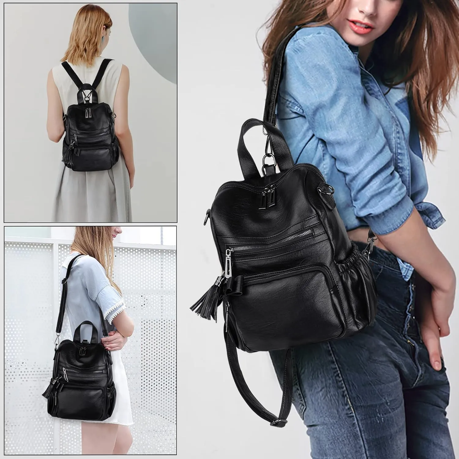 UTO Women Backpack Purse Leather Vegan Ladies Fashion Designer Rucksack Convertible Travel Shoulder Bag with Tassel