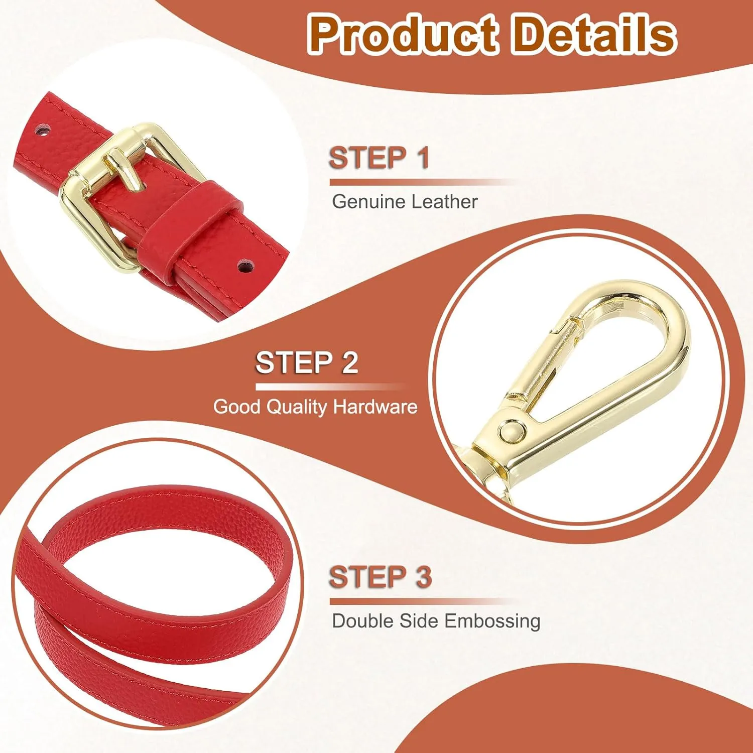 uxcell Genuine Leather Purse Strap, 41.7"-51.2" Adjustable Crossbody Replacement Straps 0.6" Width for Women Handbags Shoulder Bag (Bright Red, Gold Buckle)
