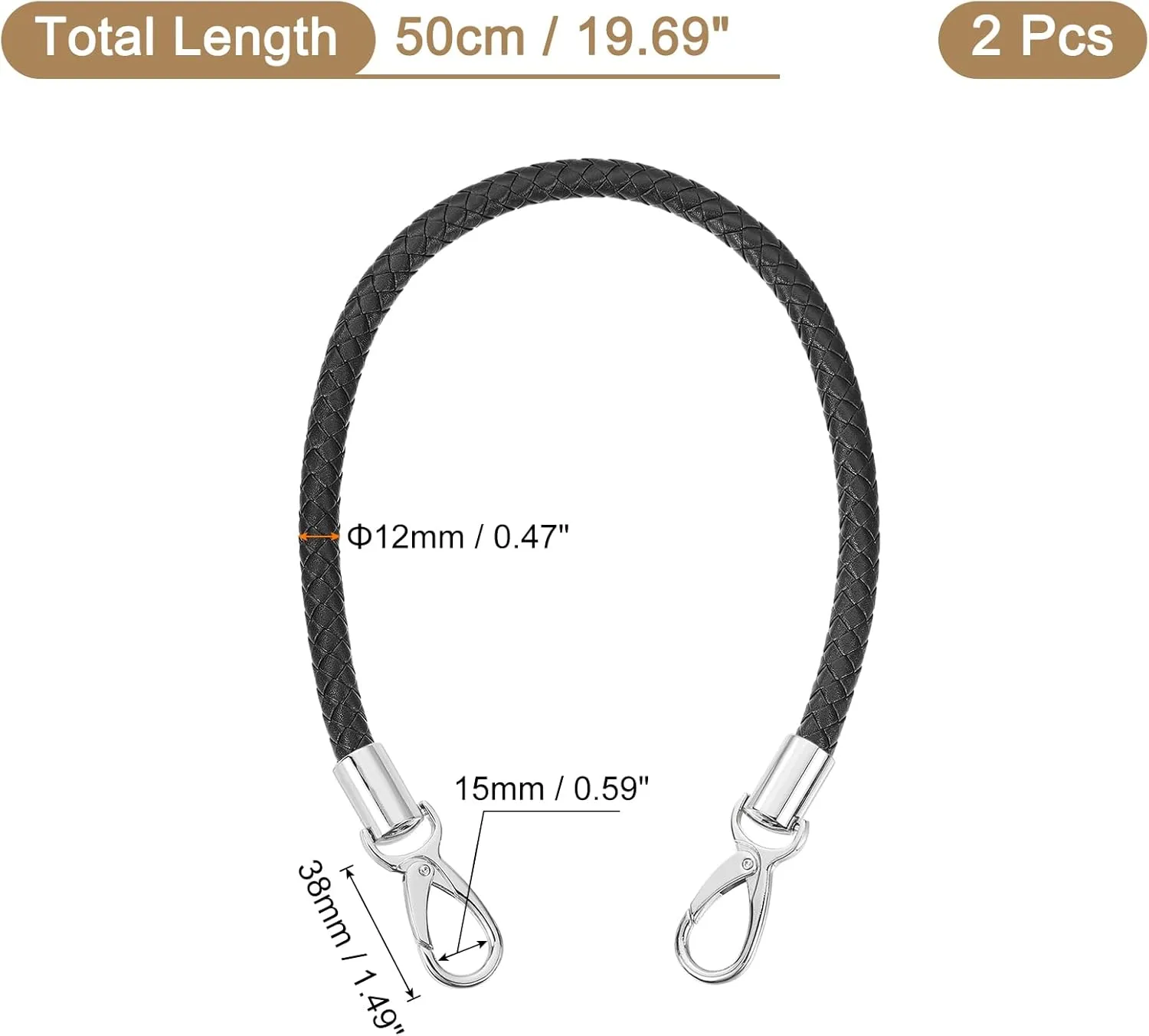 uxcell Leather Purse Strap, 2Pcs 50cm/19.69" Short Leather PU Braided Purse Replacement Handle with Metal Buckles for Underarm Bags, Handbags (Black Strap   Silver Clasp)
