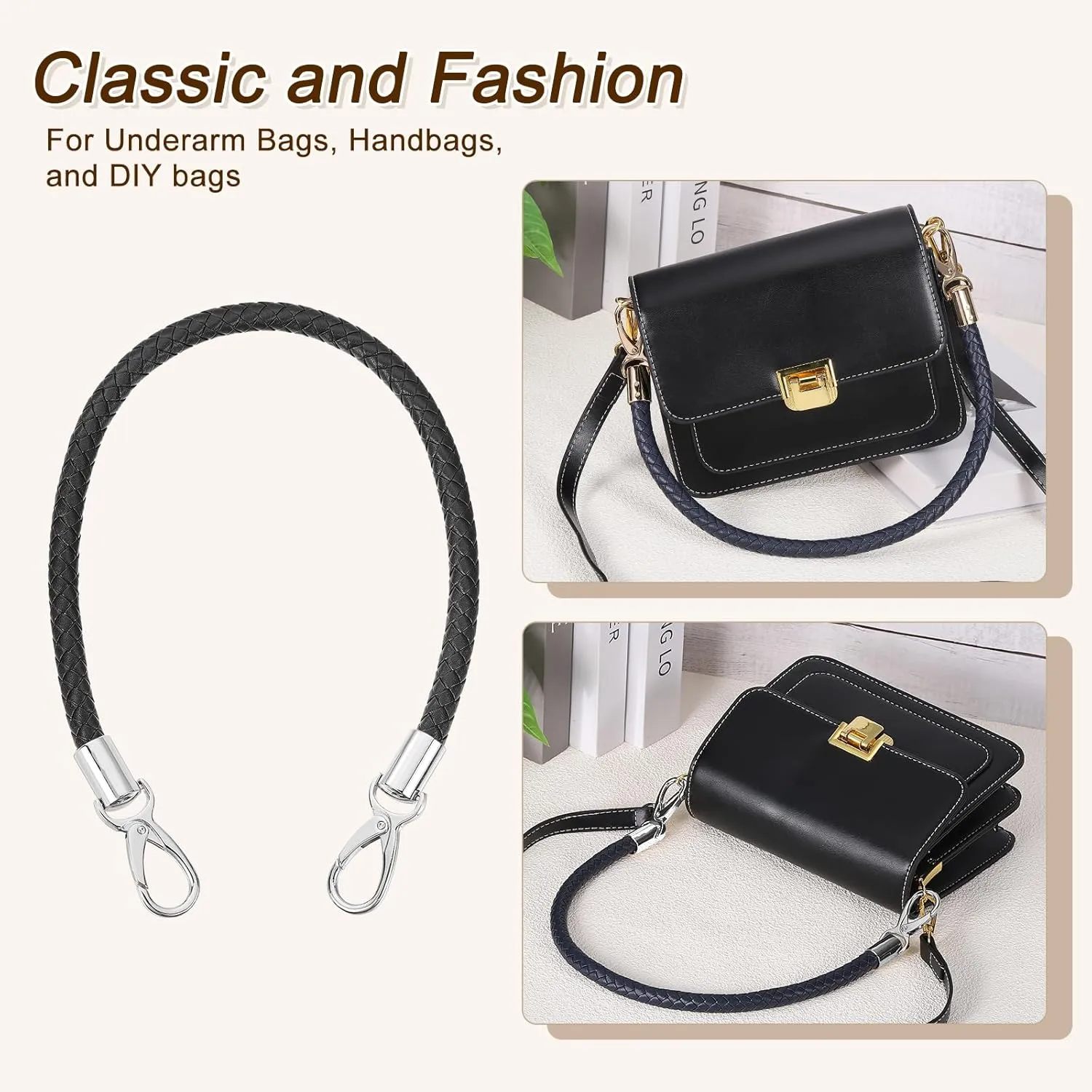 uxcell Leather Purse Strap, 2Pcs 50cm/19.69" Short Leather PU Braided Purse Replacement Handle with Metal Buckles for Underarm Bags, Handbags (Black Strap   Silver Clasp)
