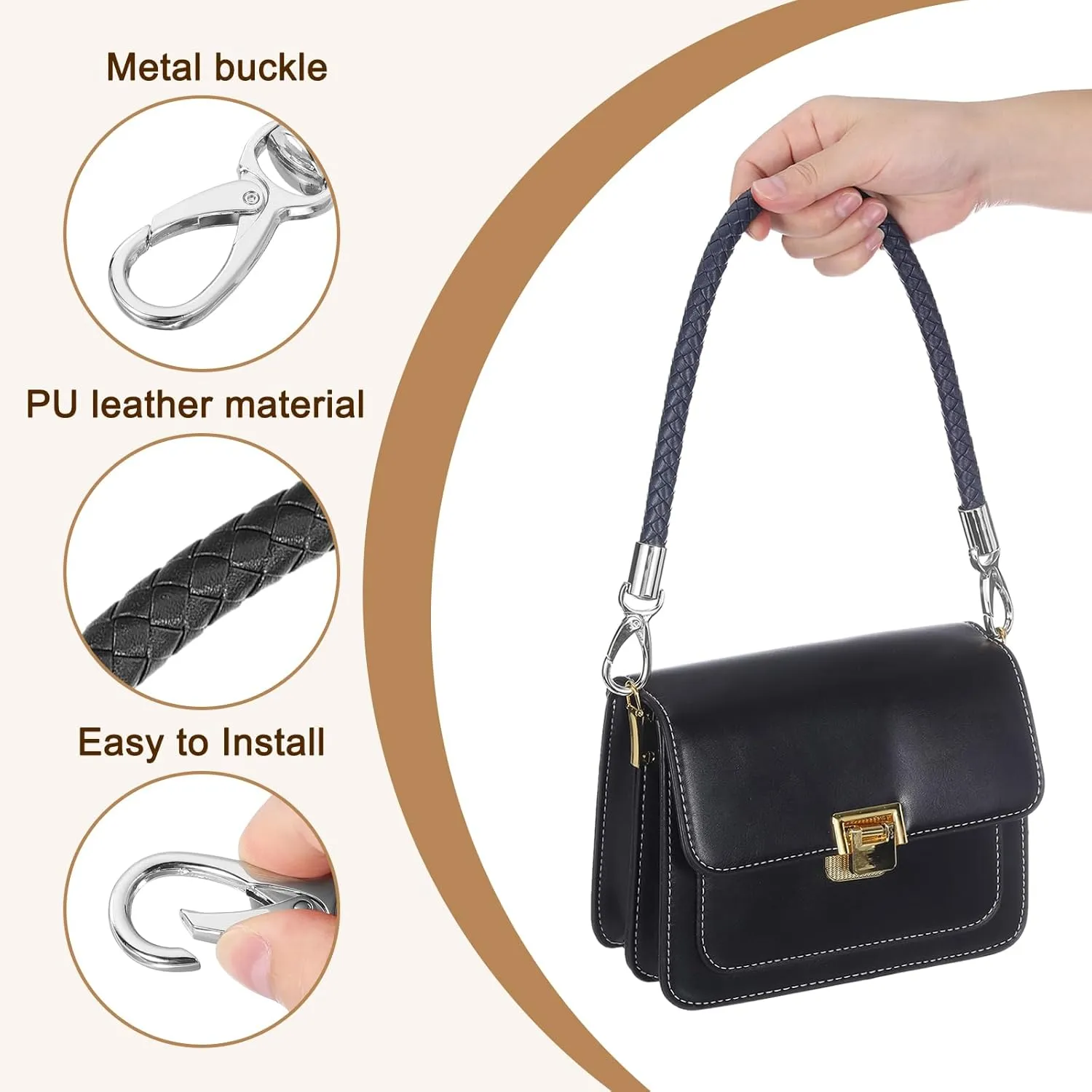 uxcell Leather Purse Strap, 2Pcs 50cm/19.69" Short Leather PU Braided Purse Replacement Handle with Metal Buckles for Underarm Bags, Handbags (Black Strap   Silver Clasp)