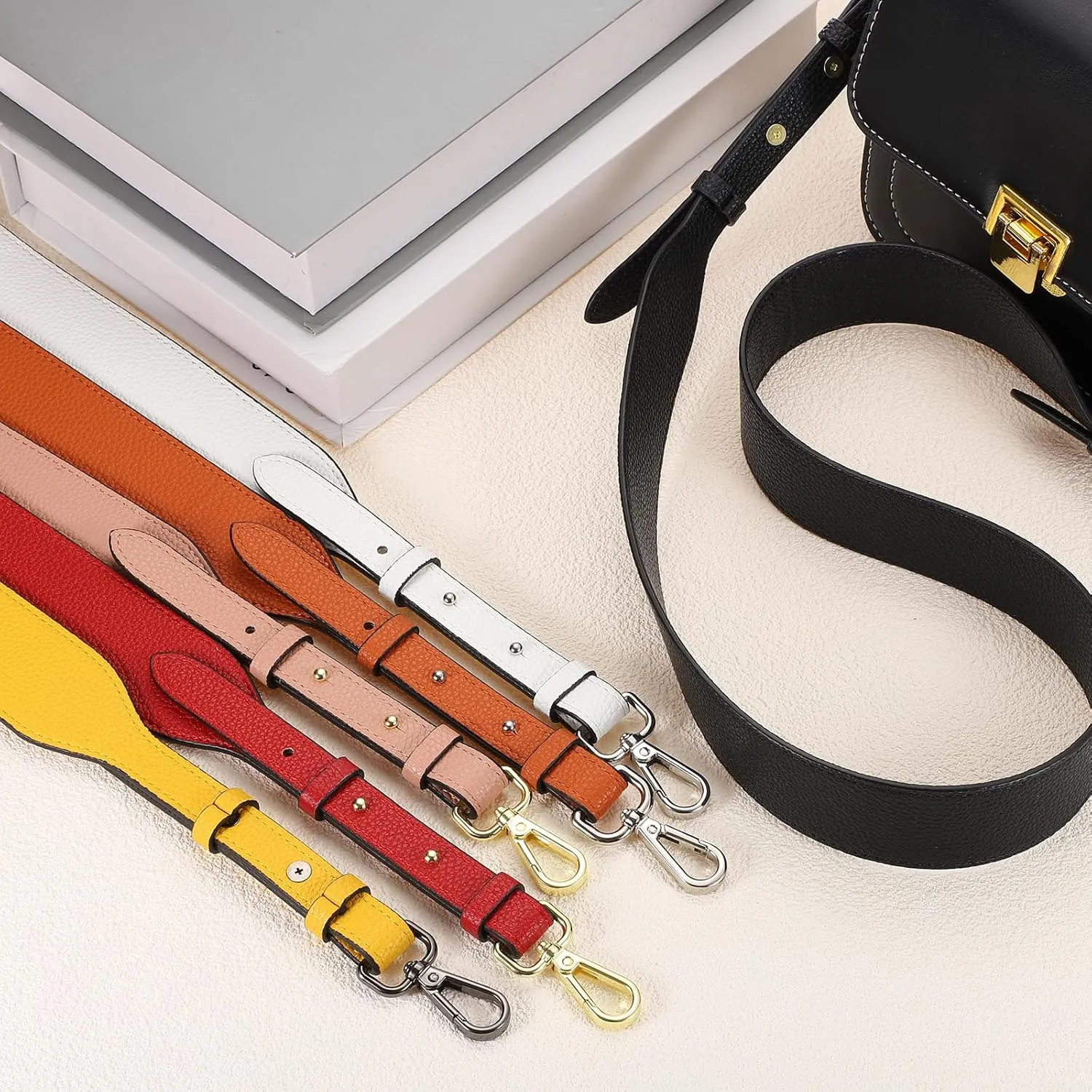 uxcell PU Leather Purse Strap, 41.7"-45.3" Adjustable Crossbody Replacement Straps 1.5" Width for Handbags, Shoulder Bag (White, Gold Clasp)