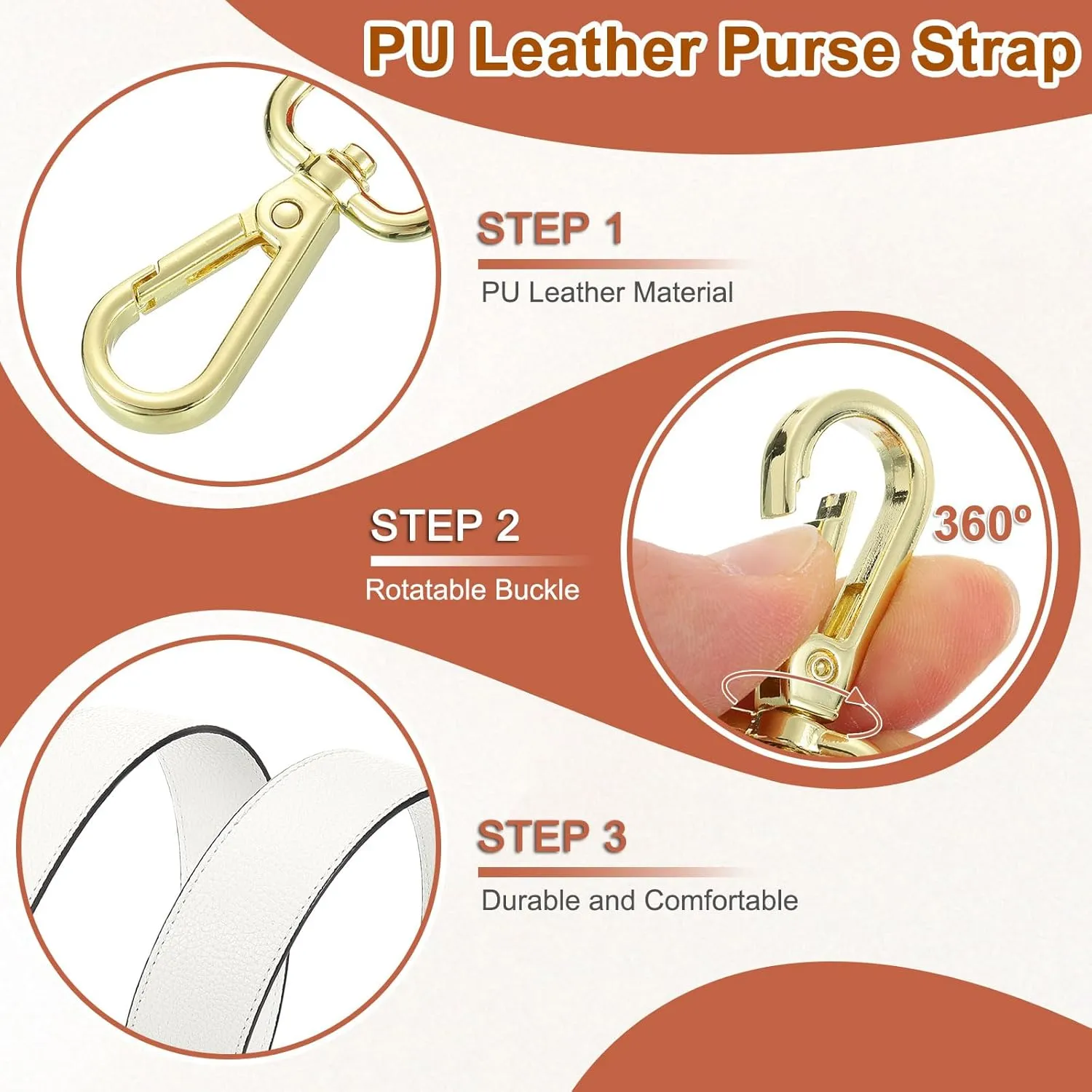 uxcell PU Leather Purse Strap, 41.7"-45.3" Adjustable Crossbody Replacement Straps 1.5" Width for Handbags, Shoulder Bag (White, Gold Clasp)