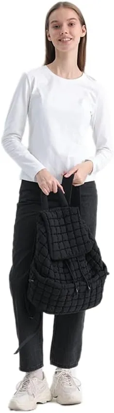 VAKAER Puffer Backpack for Women Lightweight Quilted Hiker Pack with Drawstring Padding Backpacks for Travel Gym (Black)
