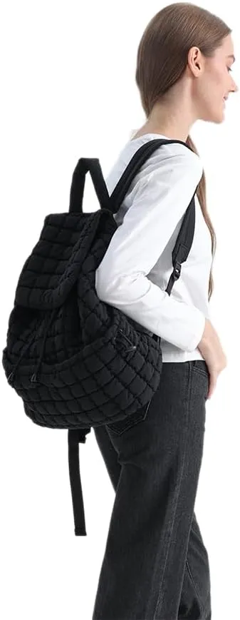 VAKAER Puffer Backpack for Women Lightweight Quilted Hiker Pack with Drawstring Padding Backpacks for Travel Gym (Black)