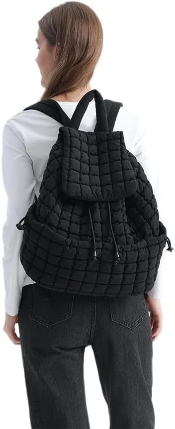 VAKAER Puffer Backpack for Women Lightweight Quilted Hiker Pack with Drawstring Padding Backpacks for Travel Gym (Black)