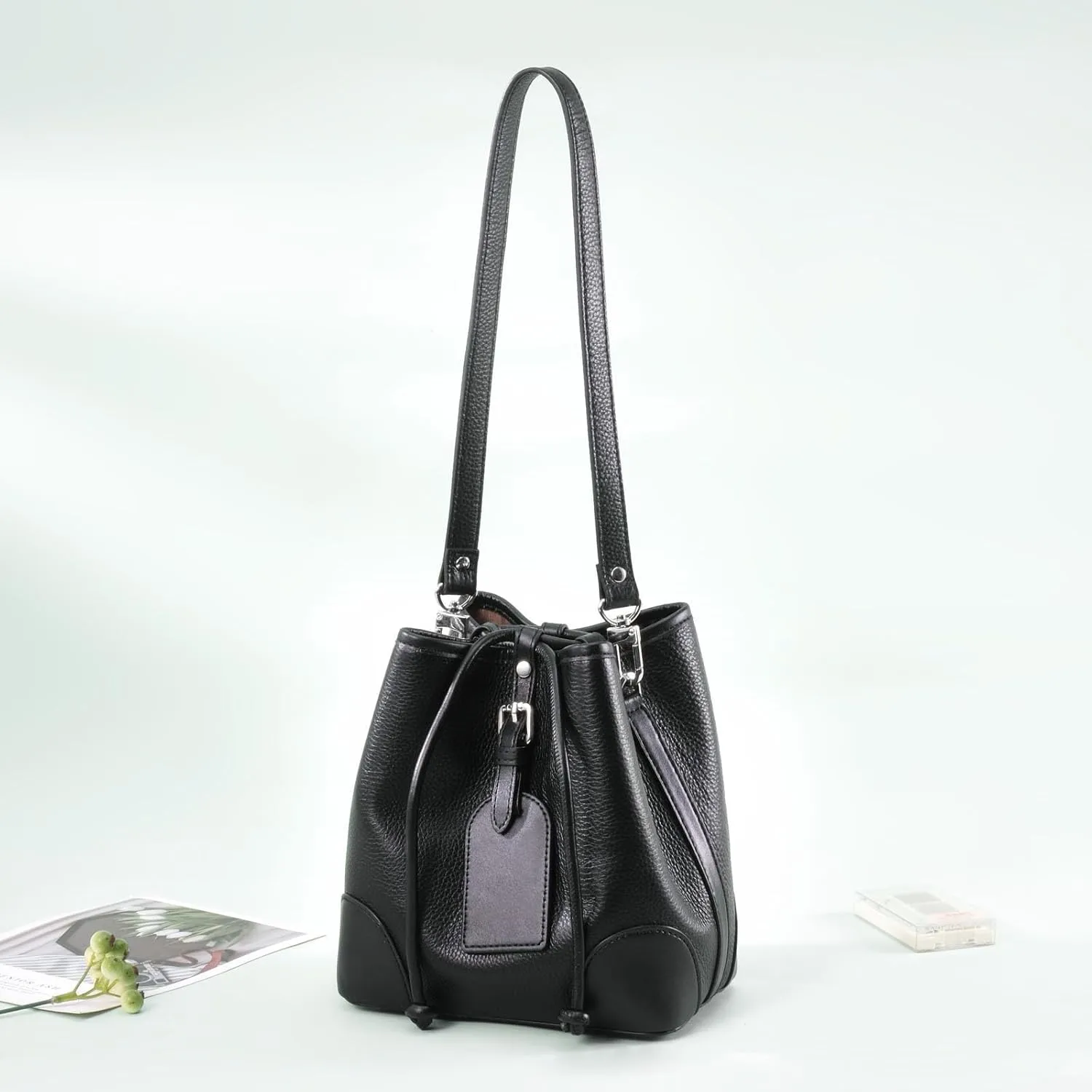 VanEnjoy 26 Inch Full Grain Leather Replacement Hand Strap for Handbag Shoulder Bag Purse(Black-Silver Metal)