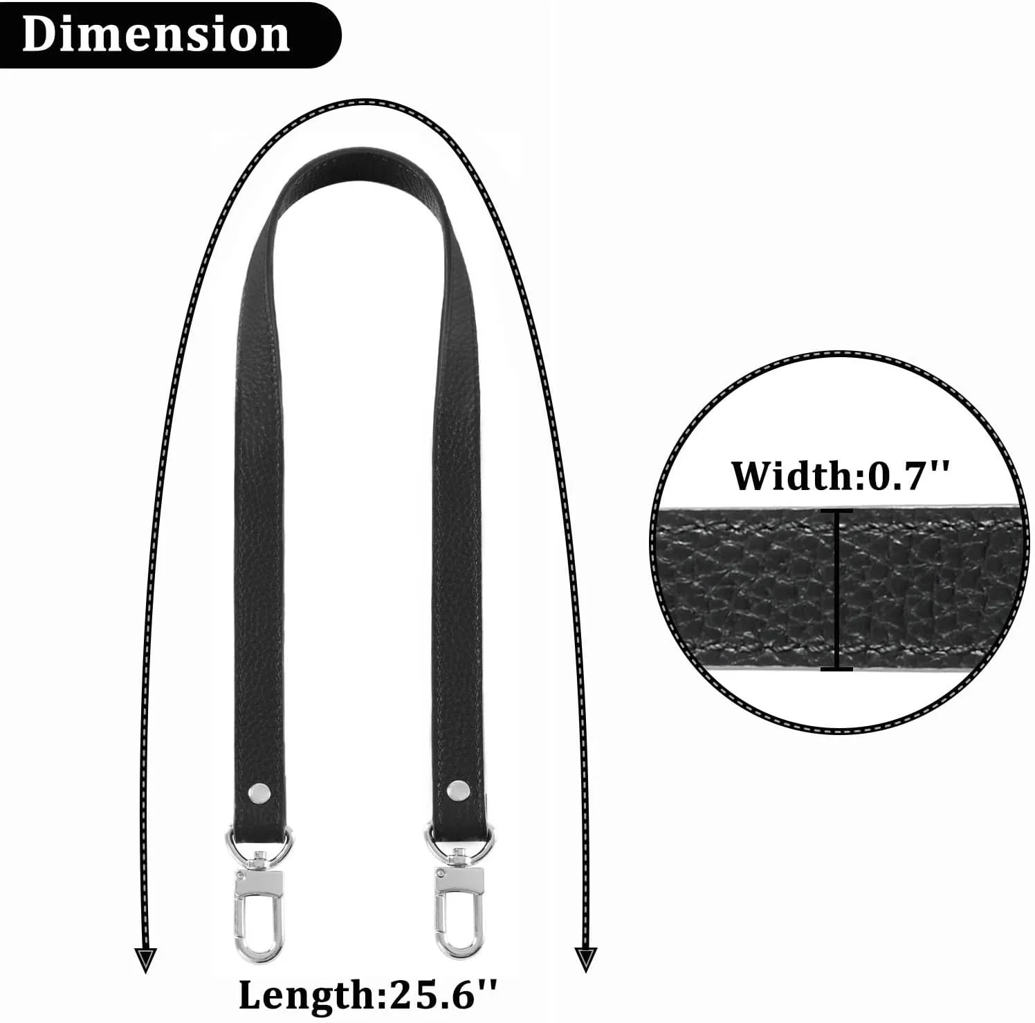 VanEnjoy 26 Inch Full Grain Leather Replacement Hand Strap for Handbag Shoulder Bag Purse(Black-Silver Metal)