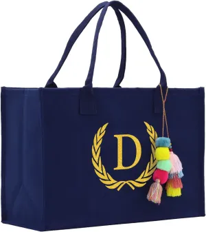 VANESSA ROSELLA Premium Quality Personalized Gift Monogram Initial 100% Cotton Chic Tote Bag for Women - Navy