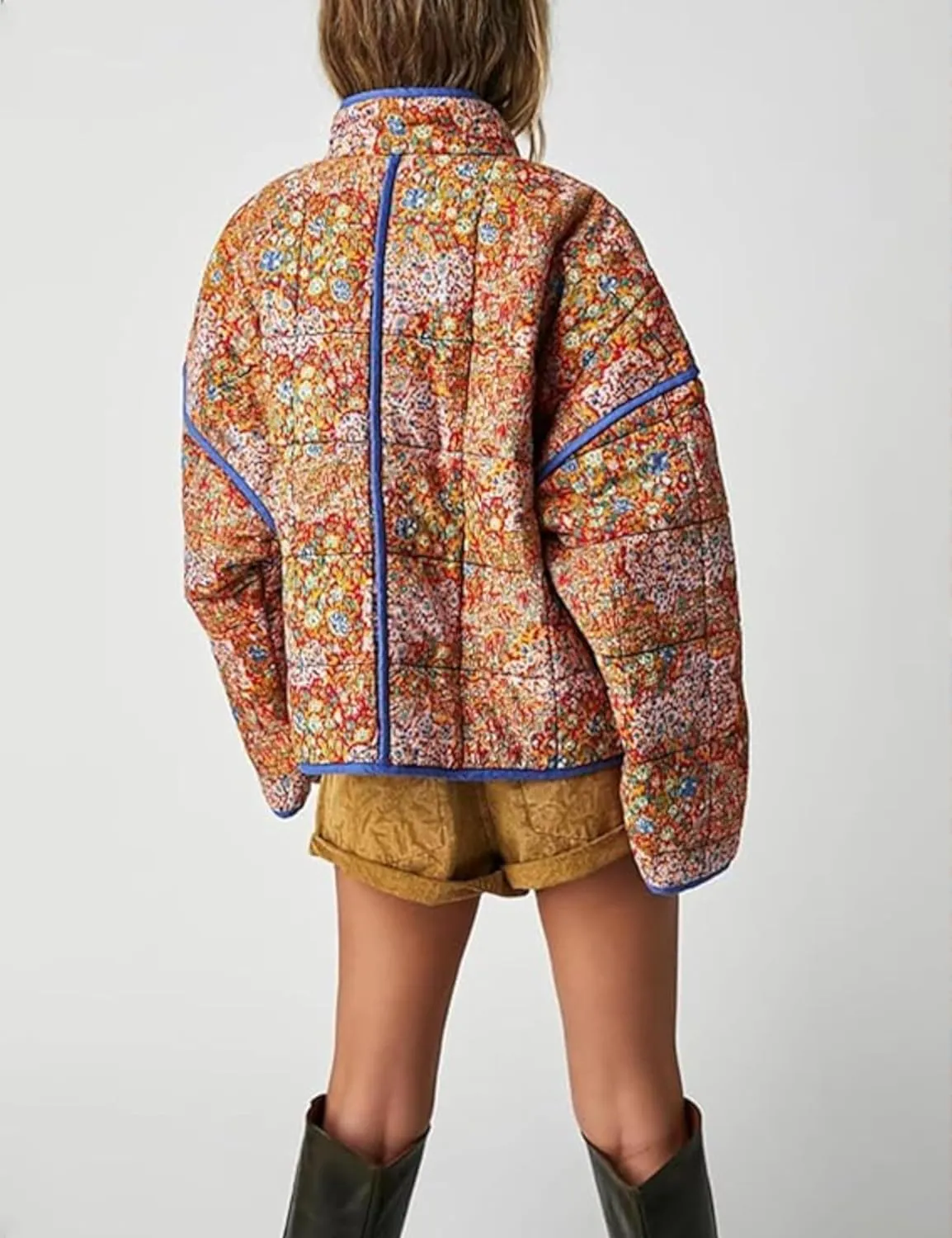 VAOYIU Women's Cropped Puffer Jacket Vintage Cardigan Floral Printed Lightweight Open Front Padded Quilted Coats