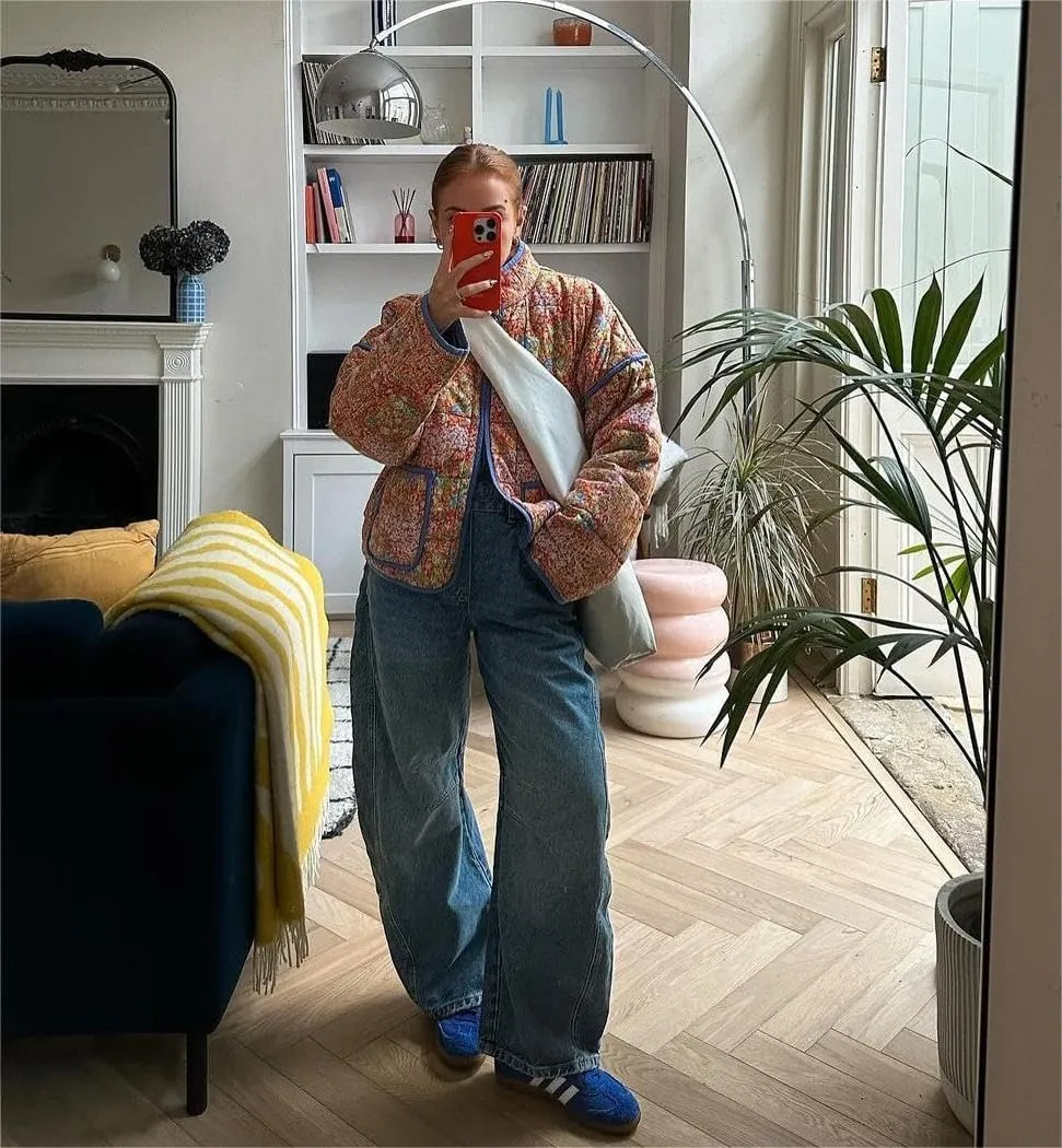 VAOYIU Women's Cropped Puffer Jacket Vintage Cardigan Floral Printed Lightweight Open Front Padded Quilted Coats