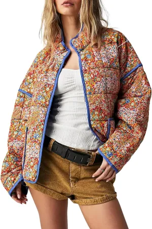VAOYIU Women's Cropped Puffer Jacket Vintage Cardigan Floral Printed Lightweight Open Front Padded Quilted Coats