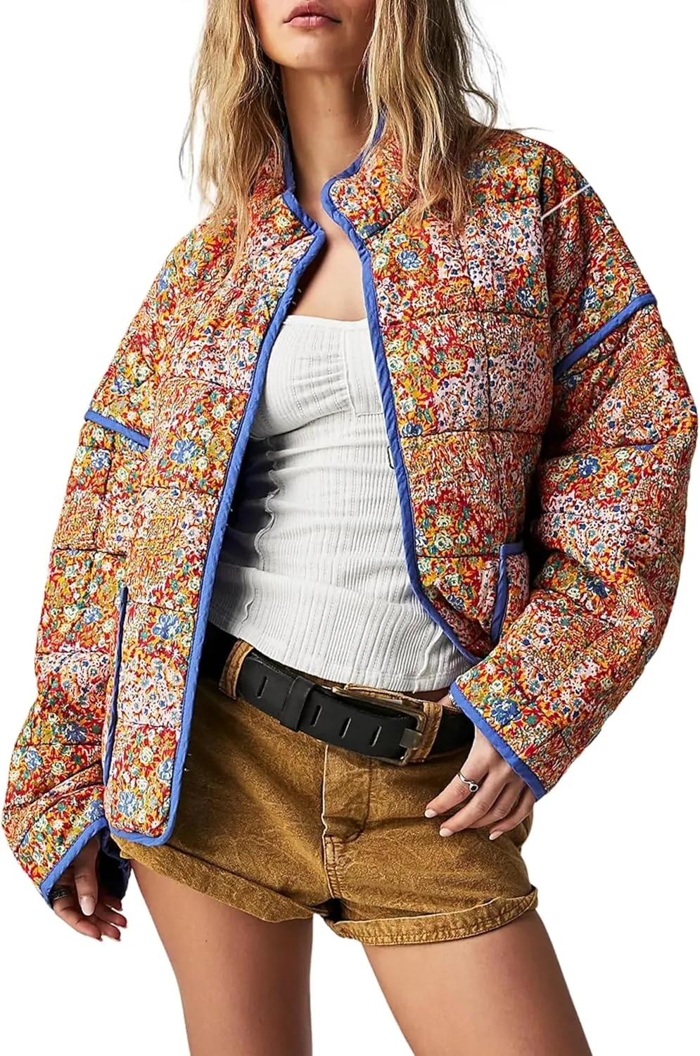 VAOYIU Women's Cropped Puffer Jacket Vintage Cardigan Floral Printed Lightweight Open Front Padded Quilted Coats