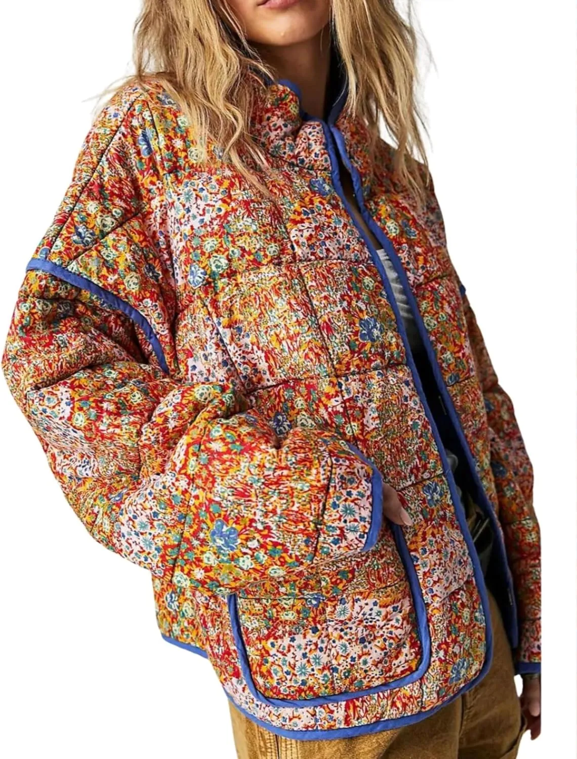 VAOYIU Women's Cropped Puffer Jacket Vintage Cardigan Floral Printed Lightweight Open Front Padded Quilted Coats