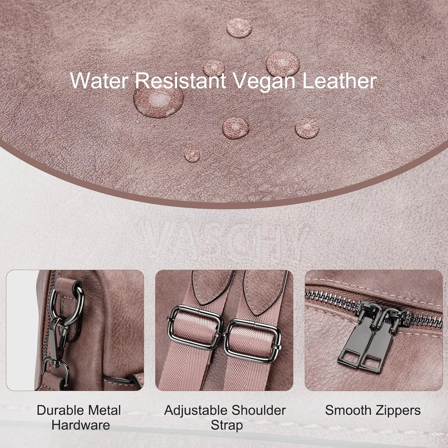 VASCHY Backpack Purse for Women, Large Vegan Leather Backpack Purse with Wallet Pouch Set Convertible Handbag for Ladies Guitar Strap Pink