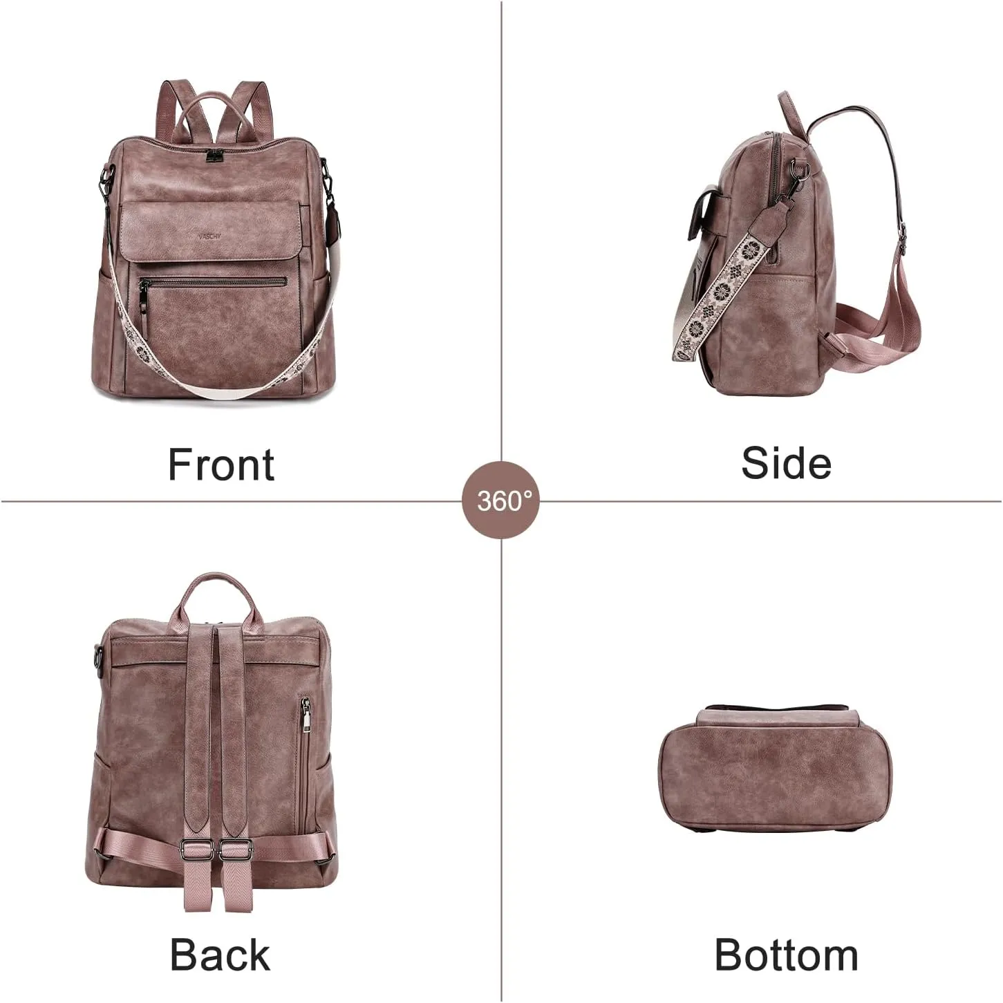 VASCHY Backpack Purse for Women, Large Vegan Leather Backpack Purse with Wallet Pouch Set Convertible Handbag for Ladies Guitar Strap Pink