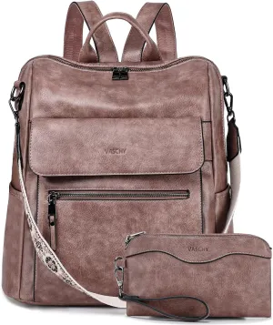 VASCHY Backpack Purse for Women, Large Vegan Leather Backpack Purse with Wallet Pouch Set Convertible Handbag for Ladies Guitar Strap Pink