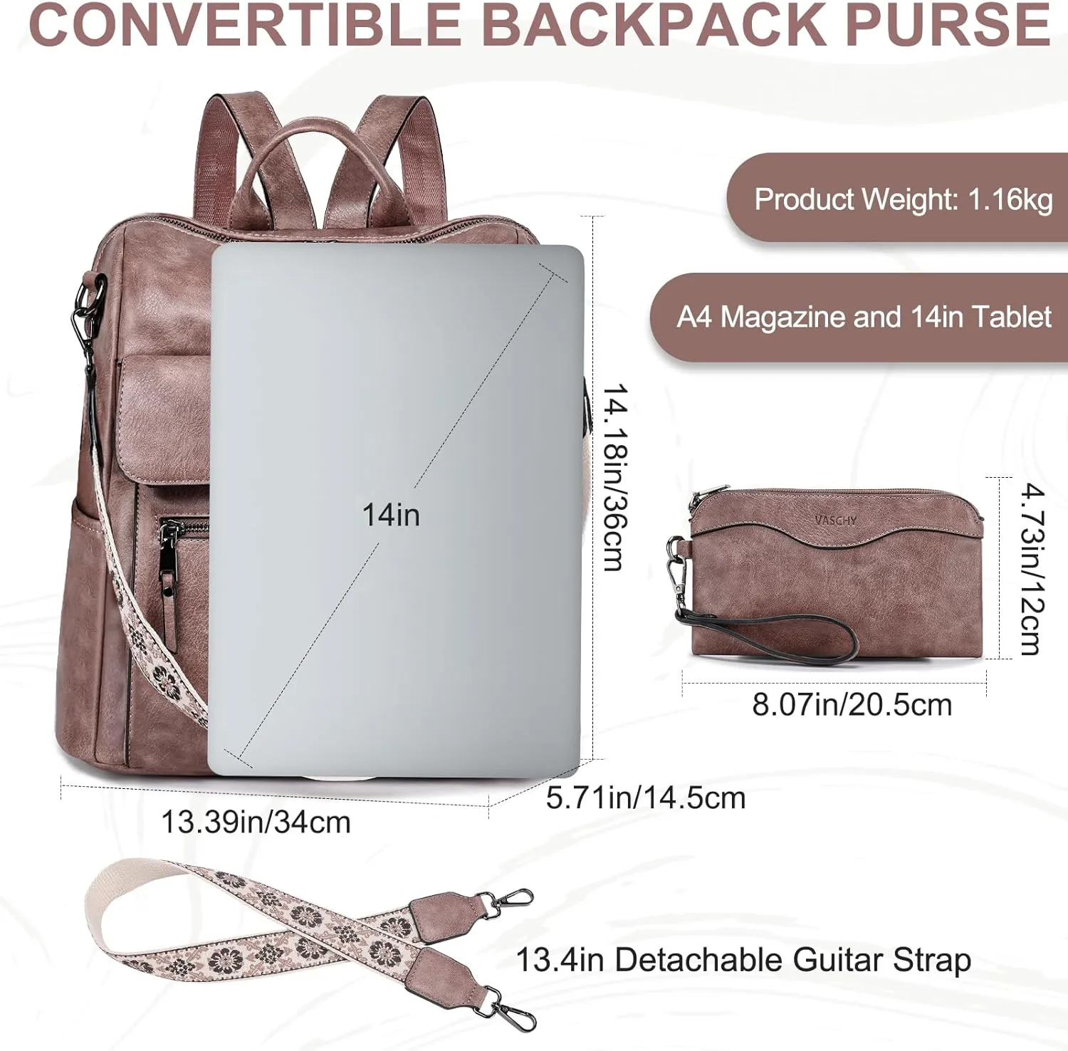 VASCHY Backpack Purse for Women, Large Vegan Leather Backpack Purse with Wallet Pouch Set Convertible Handbag for Ladies Guitar Strap Pink