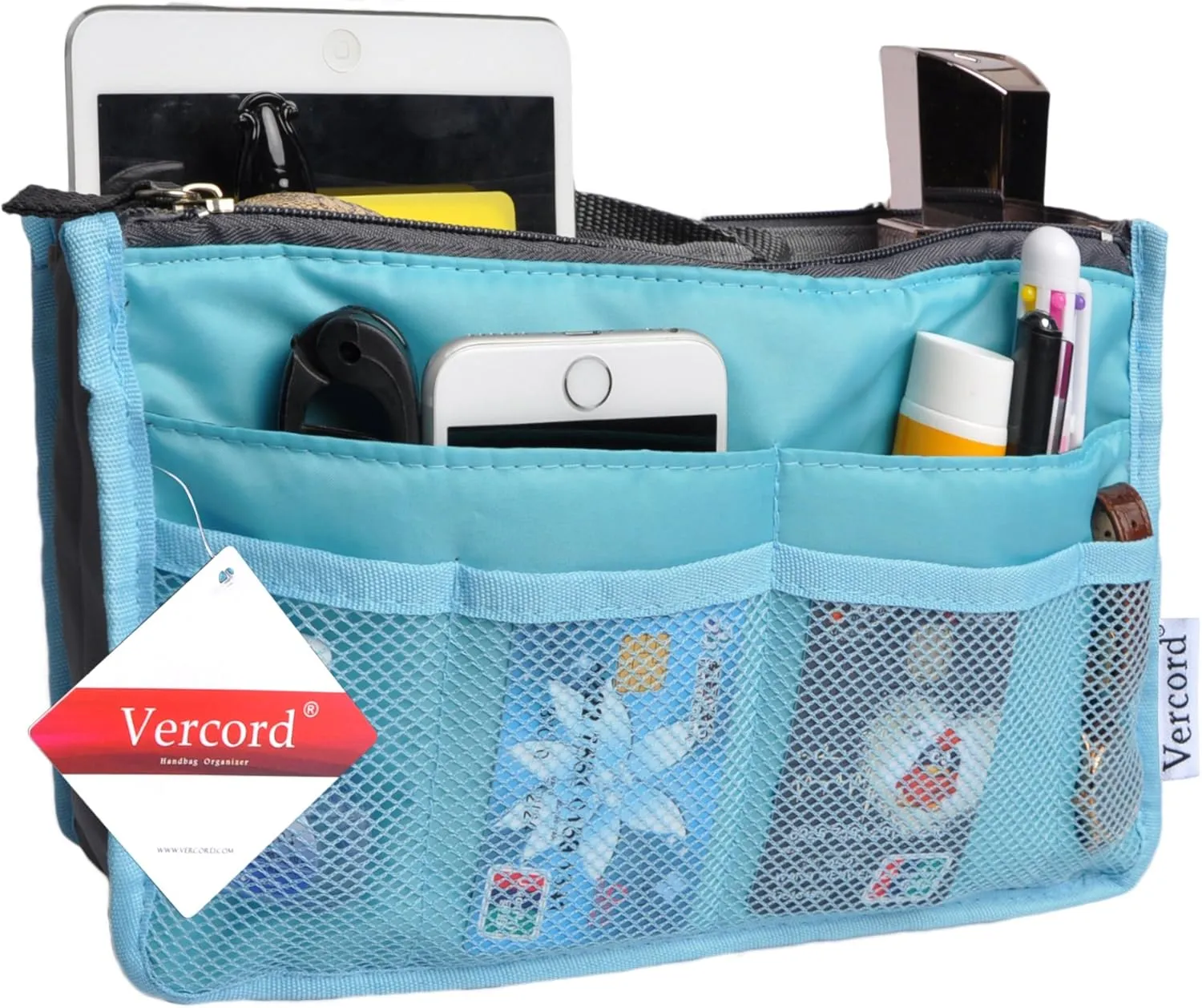 Vercord Purse Organizer Insert for Handbags Bag Organizers Inside Tote Pocketbook Women Nurse Nylon 13 Pockets Blue Medium