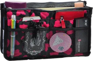 Vercord Purse Organizer Insert for Handbags Bag Organizers Inside Tote Pocketbook Women Nurse Nylon 13 Pockets Rose Heart Medium