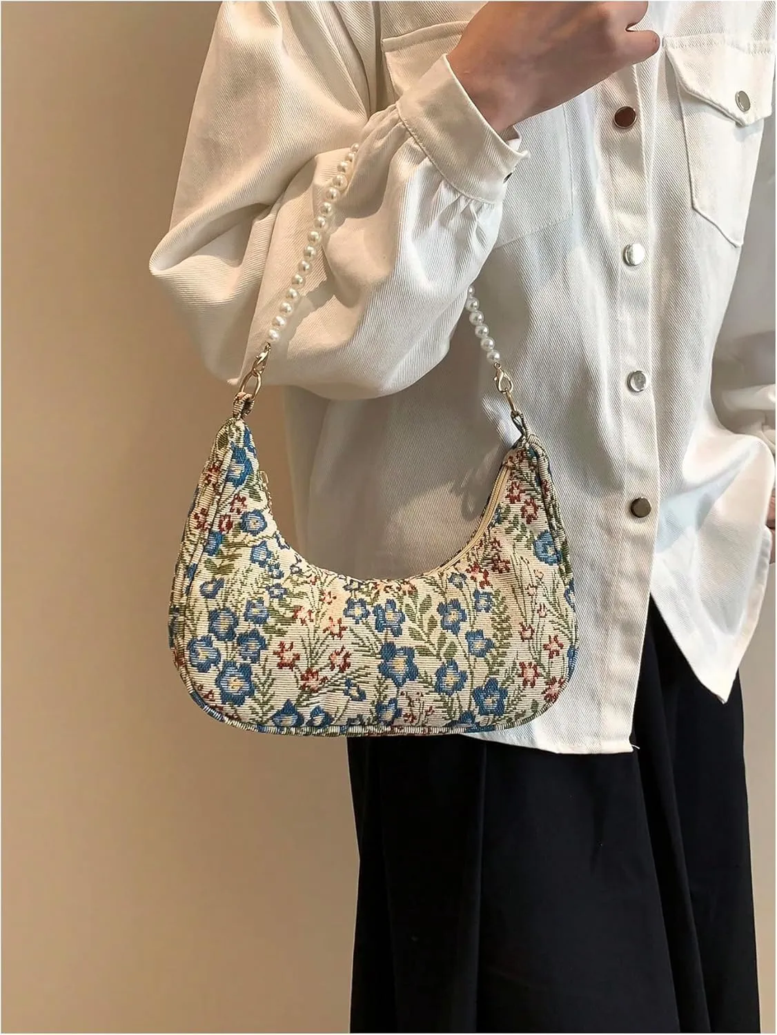 Verdusa Women's Pearl Top Handle Shoulder Handbag Floral Hobo Bag