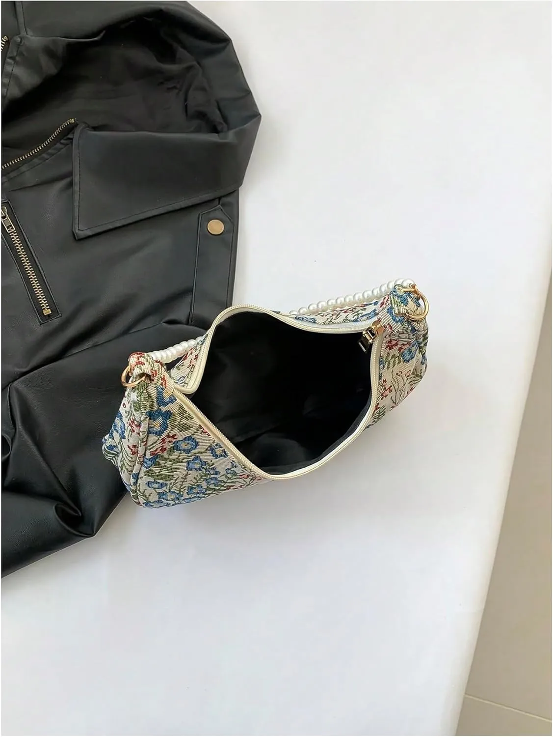 Verdusa Women's Pearl Top Handle Shoulder Handbag Floral Hobo Bag