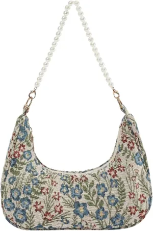 Verdusa Women's Pearl Top Handle Shoulder Handbag Floral Hobo Bag