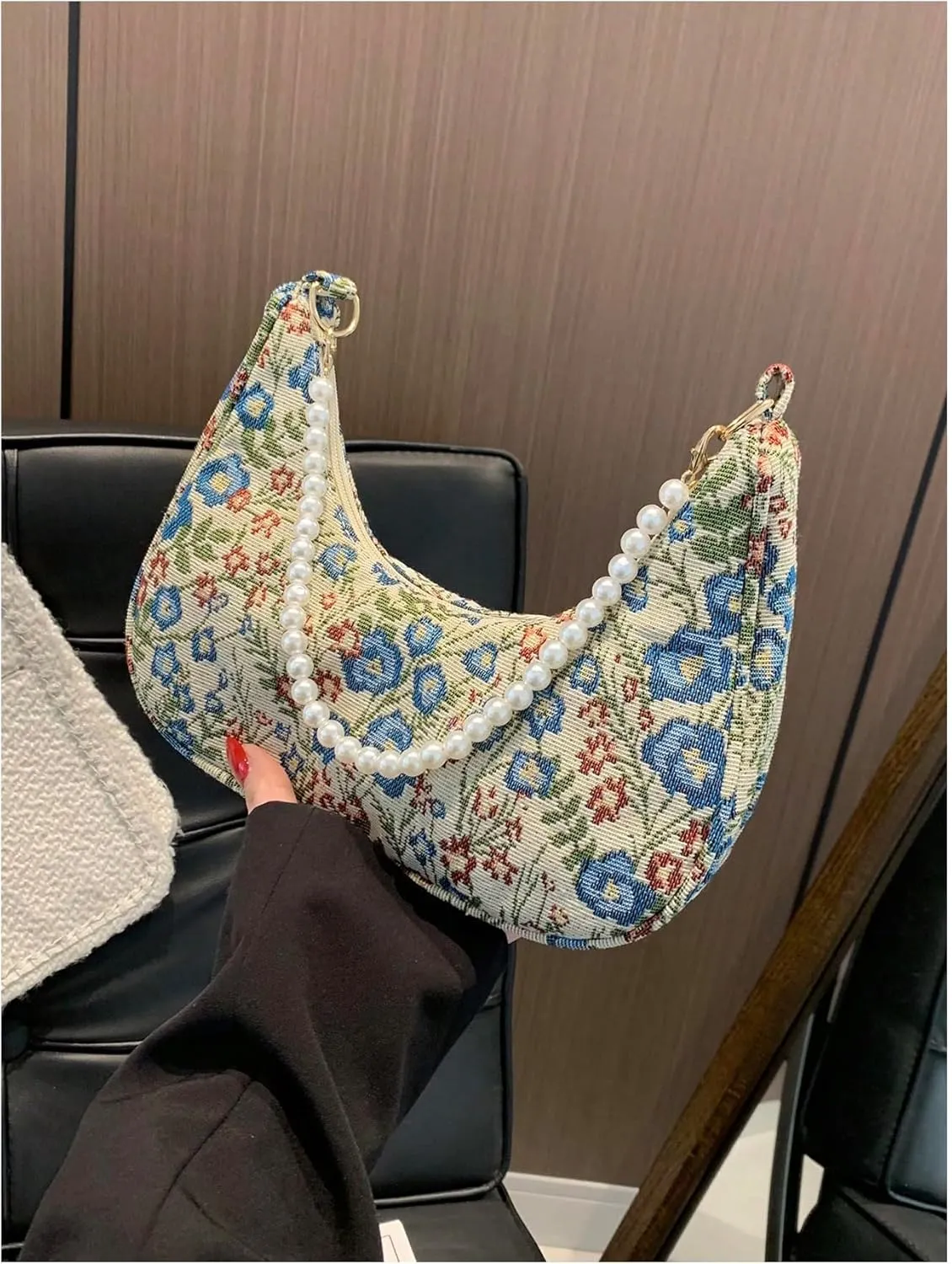 Verdusa Women's Pearl Top Handle Shoulder Handbag Floral Hobo Bag