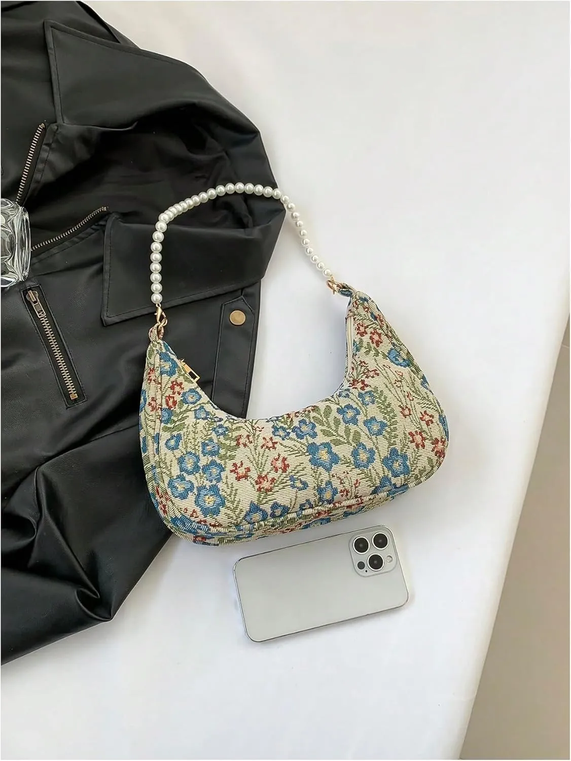 Verdusa Women's Pearl Top Handle Shoulder Handbag Floral Hobo Bag