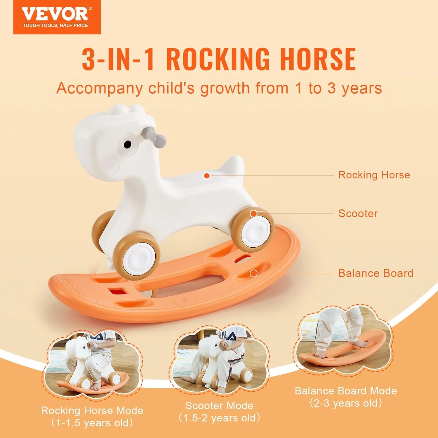 VEVOR Toddler Rocking Horse 3-in-1, Convertible to Balance Board, Equipped with 4 Gentle Wheels, Supports Children up to 80 lbs, Durable HDPE, 40° Swing Range, in Vibrant Red