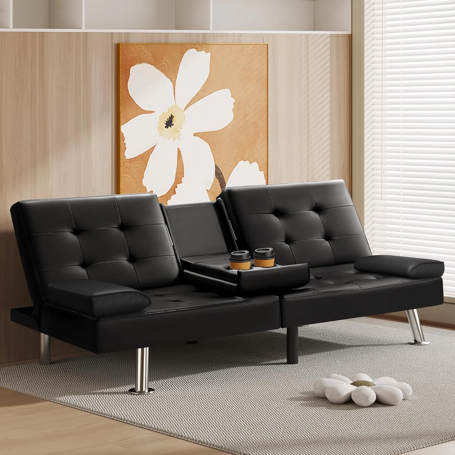 VICTONE Futon Sofa Bed Modern Faux Leather Couch Bed Convertible Folding Recliner for Living Room with 2 Cup Holders and Armrest (Black)