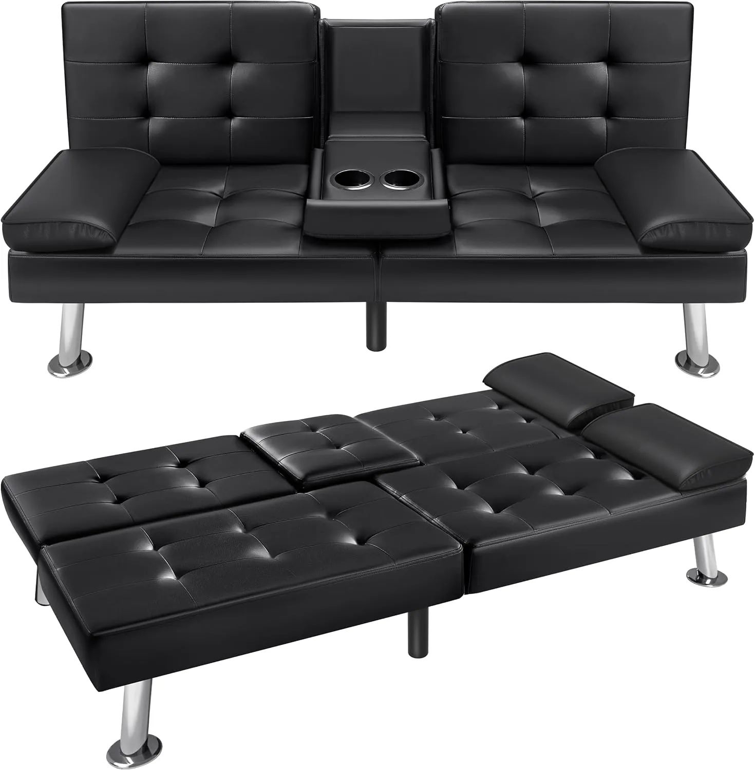 VICTONE Futon Sofa Bed Modern Faux Leather Couch Bed Convertible Folding Recliner for Living Room with 2 Cup Holders and Armrest (Black)