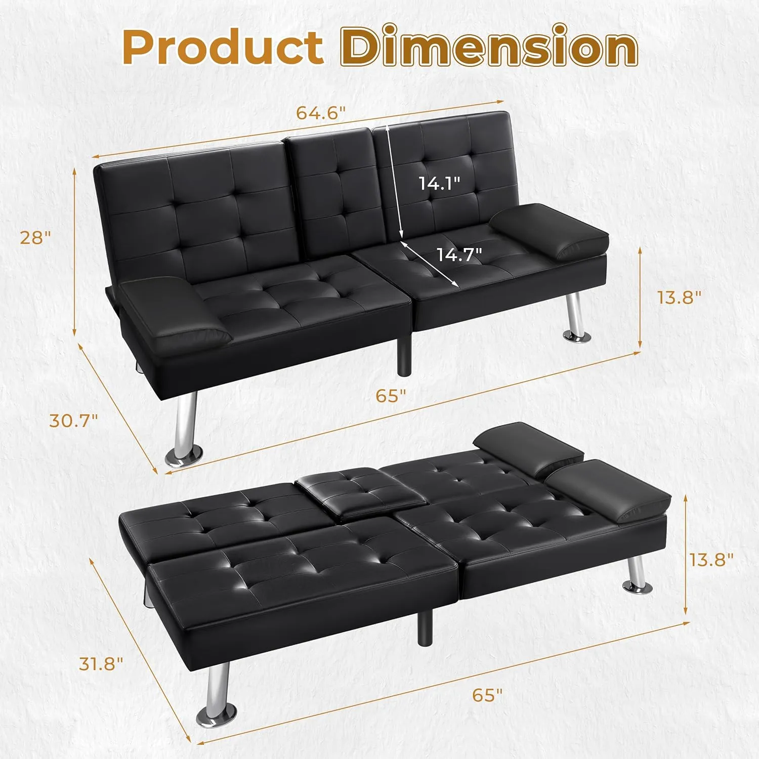 VICTONE Futon Sofa Bed Modern Faux Leather Couch Bed Convertible Folding Recliner for Living Room with 2 Cup Holders and Armrest (Black)